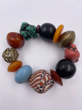 Load image into Gallery viewer, Chunky EV Candy Bracelet with Brass, Recycled Glass Beads, African Resin Beads & Turquoise Howlite Beads