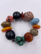 Load image into Gallery viewer, Chunky EV Candy Bracelet with Brass, Recycled Glass Beads, African Resin Beads & Turquoise Howlite Beads