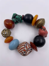 Load image into Gallery viewer, Chunky EV Candy Bracelet with Brass, Recycled Glass Beads, African Resin Beads & Turquoise Howlite Beads