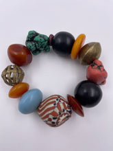 Load image into Gallery viewer, Chunky EV Candy Bracelet with Brass, Recycled Glass Beads, African Resin Beads & Turquoise Howlite Beads
