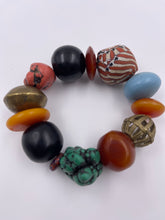Load image into Gallery viewer, Chunky EV Candy Bracelet with Brass, Recycled Glass Beads, African Resin Beads & Turquoise Howlite Beads