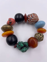 Load image into Gallery viewer, Chunky EV Candy Bracelet with Brass, Recycled Glass Beads, African Resin Beads & Turquoise Howlite Beads